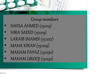 Group members
• HAFSA AHMED (151215)
• HIRA SAEED (151219)
• LARAIB SHAMSI (151227)
• MAHA KIRAN (151229)
• MAHAM FAYAZ (151230)
• MAHAM UROOJ (151232)
 
