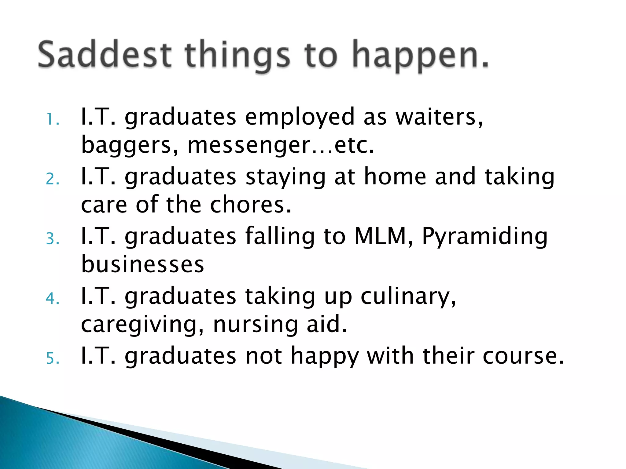 1.
2.
3.
4.
5.

I.T. graduates employed as waiters,
baggers, messenger…etc.
I.T. graduates staying at home and taking
care of the chores.
I.T. graduates falling to MLM, Pyramiding
businesses
I.T. graduates taking up culinary,
caregiving, nursing aid.
I.T. graduates not happy with their course.

 