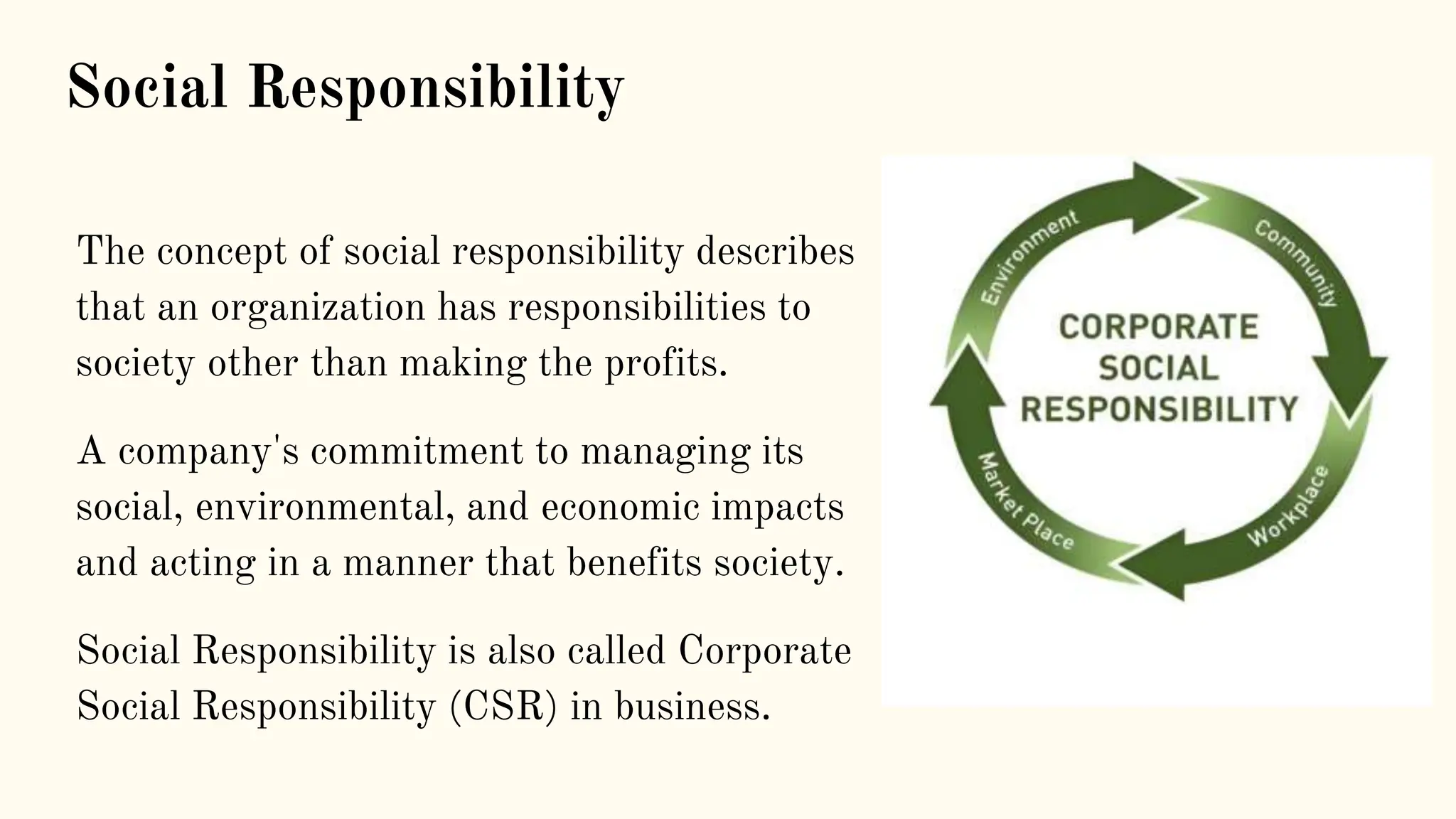 Social Responsibility
The concept of social responsibility describes
that an organization has responsibilities to
society other than making the profits.
A company's commitment to managing its
social, environmental, and economic impacts
and acting in a manner that benefits society.
Social Responsibility is also called Corporate
Social Responsibility (CSR) in business.
 