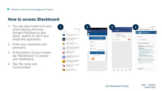 Australia Awards and Alumni Engagement Program
1. You can also install it on your
smart devices from the
Google PlayStore or App
Store. Search for QUT and
install the application.
2. Enter your username and
password.
3. At the bottom of your screen,
tap “Blackboard” to access
your dashboard.
4. Tap “My Units and
Communities”
How to access Blackboard
QUT Blackboard Training
QUT – Training
Techno Run
1 2 3 4
 