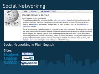 Social Networking
Sites:
Facebook
LinkedIn
MySpace
Social Networking in Plain English
 
 