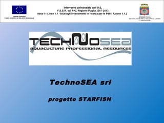 TechnoSEA srl
progetto STARFISH
Intervento cofinanziato dall’U.E.
F.E.S.R. sul P.O. Regione Puglia 2007-2013
Asse I – Linea 1.1 “Aiuti agli investimenti in ricerca per le PMI - Azione 1.1.2
UNIONE EUROPEA
FONDO EUROPEO DI SVILUPPO REGIONALE
REGIONE PUGLIA
AREA POLITICHE PER LO SVILUPPO IL LAVORO
E L’INNOVAZIONE
 