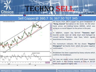 SEBI Registered – Research Analyst
On hourly chart, MCX Copper has given breakdown of
“Rising channel” formation at 361 levels. On the other
hand, prices are trading below 60EMA, which was
acting as a crucial support to the prices in the past.
In addition, copper has formed “Tweezers tops”
bearish candle stick on daily chart and managed to
remain below Tweezers tops lows, which signals
bearishness to the prices.
The momentum indicator, RSI has shown “Negative
Divergence” on hourly chart, which also gives negative
confirmation .
Breakdown has been supported by heavy volume which
confirms the breakdown.
For now, we expect prices should drift lower towards
345 levels in few trading sessions as long as 367.50
levels are capped on higher side.
Sell Copper@ 360.7 SL 367.50 TGT 345
14th Sept 2015
TECHNO Sell
*Please Refer Disclaimer on Website WWW.CHOICEINDIA.COM
 