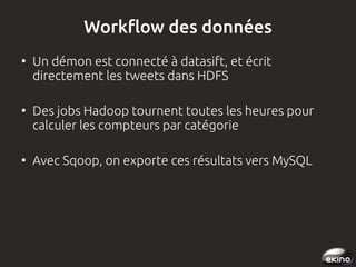 Workflow des données
●

●

●

Un démon est connecté à datasift, et écrit
directement les tweets dans HDFS
Des jobs Hadoop tournent toutes les heures pour
calculer les compteurs par catégorie
Avec Sqoop, on exporte ces résultats vers MySQL

 