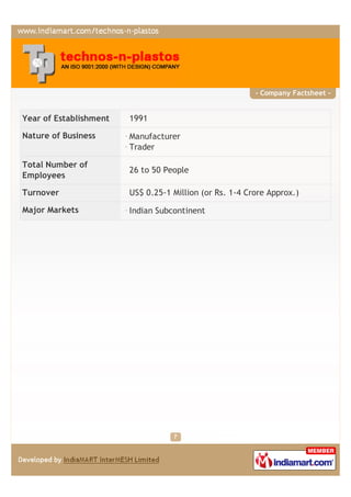 - Company Factsheet -


Year of Establishment   1991

Nature of Business      Manufacturer
                        Trader

Total Number of
                        26 to 50 People
Employees

Turnover                US$ 0.25-1 Million (or Rs. 1-4 Crore Approx.)

Major Markets           Indian Subcontinent
 