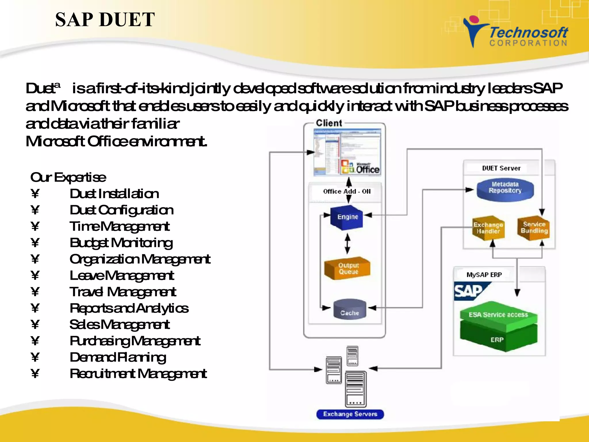 SAP DUET Our Expertise Duet Installation  Duet Configuration Time Management Budget Monitoring Organization Management Leave Management Travel Management Reports and Analytics Sales Management Purchasing Management Demand Planning Recruitment Management Duet™ is a first-of-its-kind jointly developed software solution from industry leaders SAP and Microsoft that enables users to easily and quickly interact with SAP business processes and data via their familiar  Microsoft Office environment.  