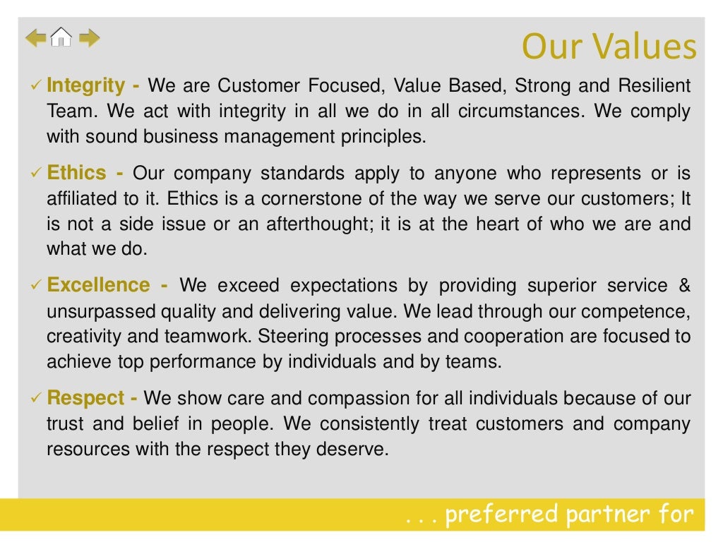 . . . preferred partner for
 Integrity - We are Customer Focused, Value Based, Strong and Resilient
Team. We act with integrity in all we do in all circumstances. We comply
with sound business management principles.
 Ethics - Our company standards apply to anyone who represents or is
affiliated to it. Ethics is a cornerstone of the way we serve our customers; It
is not a side issue or an afterthought; it is at the heart of who we are and
what we do.
 Excellence - We exceed expectations by providing superior service &
unsurpassed quality and delivering value. We lead through our competence,
creativity and teamwork. Steering processes and cooperation are focused to
achieve top performance by individuals and by teams.
 Respect - We show care and compassion for all individuals because of our
trust and belief in people. We consistently treat customers and company
resources with the respect they deserve.
Our Values
 