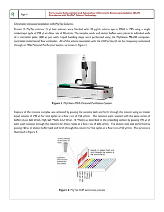 Performance Enhancement and Automation of Chromatin Immunoprecipitation (ChIP)
      Page 4                    Procedures with PhyTip® Column Technology



Chromatin Immunoprecipitation with PhyTip Columns
Protein G PhyTip columns (5 µl bed volume) were blocked with 30 µg/mL salmon sperm DNA in PBS using a single
intake/expel cycle of 190 µl at a flow rate of 50 µl/min. The samples, wash, and elution buffers were placed in individual wells
of a microtiter plate (200 µl per well). Liquid handling steps were performed using the PhyNexus ME-200 computer-
controlled multichannel flow controller. All of the actions associated with the ChIP protocol can be completely automated
through an MEA Personal Purification System, as shown in Figure 1.




                                   Figure 1. PhyNexus MEA Personal Purification System


Capture of the immune complex was achieved by passing the samples back and forth through the column using an intake/
expel volume of 190 µl for nine cycles at a flow rate of 150 µl/min. The columns were washed with the same series of
buffers (Low Salt Wash, High Salt Wash, LiCl Wash, TE Wash) as described in the preceding section by passing 190 µl of
each wash solution through the columns for three cycles at a flow rate of 200 µl/min. The elution step was performed by
passing 120 µl of elution buffer back and forth through the column for five cycles at a flow rate of 50 µl/min. This process is
illustrated in Figure 2.




                                          Figure 2. PhyTip ChIP extraction process
 