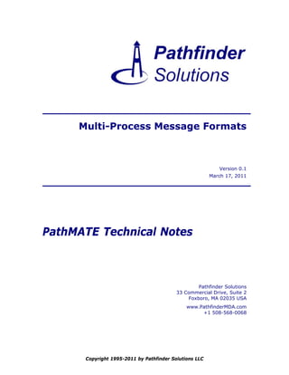 Multi-Process Message Formats



                                                           Version 0.1
                                                        March 17, 2011




PathMATE Technical Notes



                                                  Pathfinder Solutions
                                          33 Commercial Drive, Suite 2
                                              Foxboro, MA 02035 USA
                                              www.PathfinderMDA.com
                                                   +1 508-568-0068




      Copyright 1995-2011 by Pathfinder Solutions LLC
 