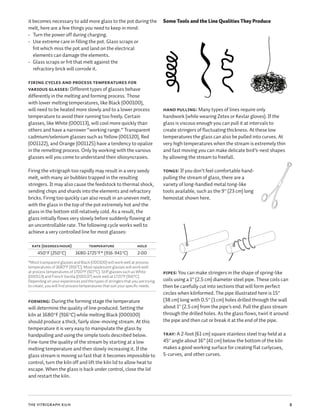 3THE VITRIGRAPH KILN
it becomes necessary to add more glass to the pot during the
melt, here are a few things you need to keep in mind:
•	 Turn the power off during charging.
•	 Use extreme care in filling the pot. Glass scraps or
frit which miss the pot and land on the electrical
elements can damage the elements.
•	 Glass scraps or frit that melt against the
refractory brick will corrode it.
Firing cycles and process temperatures for
various glasses: Different types of glasses behave
differently in the melting and forming process. Those
with lower melting temperatures, like Black (000100),
will need to be heated more slowly and to a lower process
temperature to avoid their running too freely. Certain
glasses, like White (000113), will cool more quickly than
others and have a narrower “working range.” Transparent
cadmium/selenium glasses such as Yellow (001120), Red
(001122), and Orange (001125) have a tendency to opalize
in the remelting process. Only by working with the various
glasses will you come to understand their idiosyncrasies.
Firing the vitrigraph too rapidly may result in a very seedy
melt, with many air bubbles trapped in the resulting
stringers. It may also cause the feedstock to thermal shock,
sending chips and shards into the elements and refractory
bricks. Firing too quickly can also result in an uneven melt,
with the glass in the top of the pot extremely hot and the
glass in the bottom still relatively cold. As a result, the
glass initially flows very slowly before suddenly flowing at
an uncontrollable rate. The following cycle works well to
achieve a very controlled line for most glasses:
RATE (DEGREES/HOUR) TEMPERATURE HOLD
450°F (250°C) 1680-1725°F* (916-941°C) 2:00
*Most transparent glasses and Black (000100) will work well at process
temperatures of 1680°F (916°C). Most opalescent glasses will work well
at process temperatures of 1700°F (927°C). Stiff glasses such as White
(000113) and French Vanilla (000137) work well at 1725°F (941°C).
Depending on your experiences and the types of stringers that you are trying
to create, you will find process temperatures that suit your specific needs.
Forming: During the forming stage the temperature
will determine the quality of line produced. Setting the
kiln at 1680°F (916°C) while melting Black (000100)
should produce a thick, fairly slow-moving stream. At this
temperature it is very easy to manipulate the glass by
handpulling and using the simple tools described below.
Fine-tune the quality of the stream by starting at a low
melting temperature and then slowly increasing it. If the
glass stream is moving so fast that it becomes impossible to
control, turn the kiln off and lift the kiln lid to allow heat to
escape. When the glass is back under control, close the lid
and restart the kiln.
Some Tools and the Line Qualities They Produce
Hand pulling: Many types of lines require only
handwork (while wearing Zetex or Kevlar gloves). If the
glass is viscous enough you can pull it at intervals to
create stringers of fluctuating thickness. At these low
temperatures the glass can also be pulled into curves. At
very high temperatures when the stream is extremely thin
and fast moving you can make delicate bird’s-nest shapes
by allowing the stream to freefall.
Tongs: If you don’t feel comfortable hand-
pulling the stream of glass, there are a
variety of long-handled metal tong-like
tools available, such as the 9" (23 cm) long
hemostat shown here.
Pipes: You can make stringers in the shape of spring-like
coils using a 1" (2.5 cm) diameter steel pipe. These coils can
then be carefully cut into sections that will form perfect
circles when kilnformed. The pipe illustrated here is 15"
(38 cm) long with 0.5" (1 cm) holes drilled through the wall
about 1" (2.5 cm) from the pipe’s end. Pull the glass stream
through the drilled holes. As the glass flows, twirl it around
the pipe and then cut or break it at the end of the pipe.
Tray: A 2-foot (61 cm) square stainless steel tray held at a
45° angle about 16” (41 cm) below the bottom of the kiln
makes a good working surface for creating flat curlycues,
S-curves, and other curves.
 