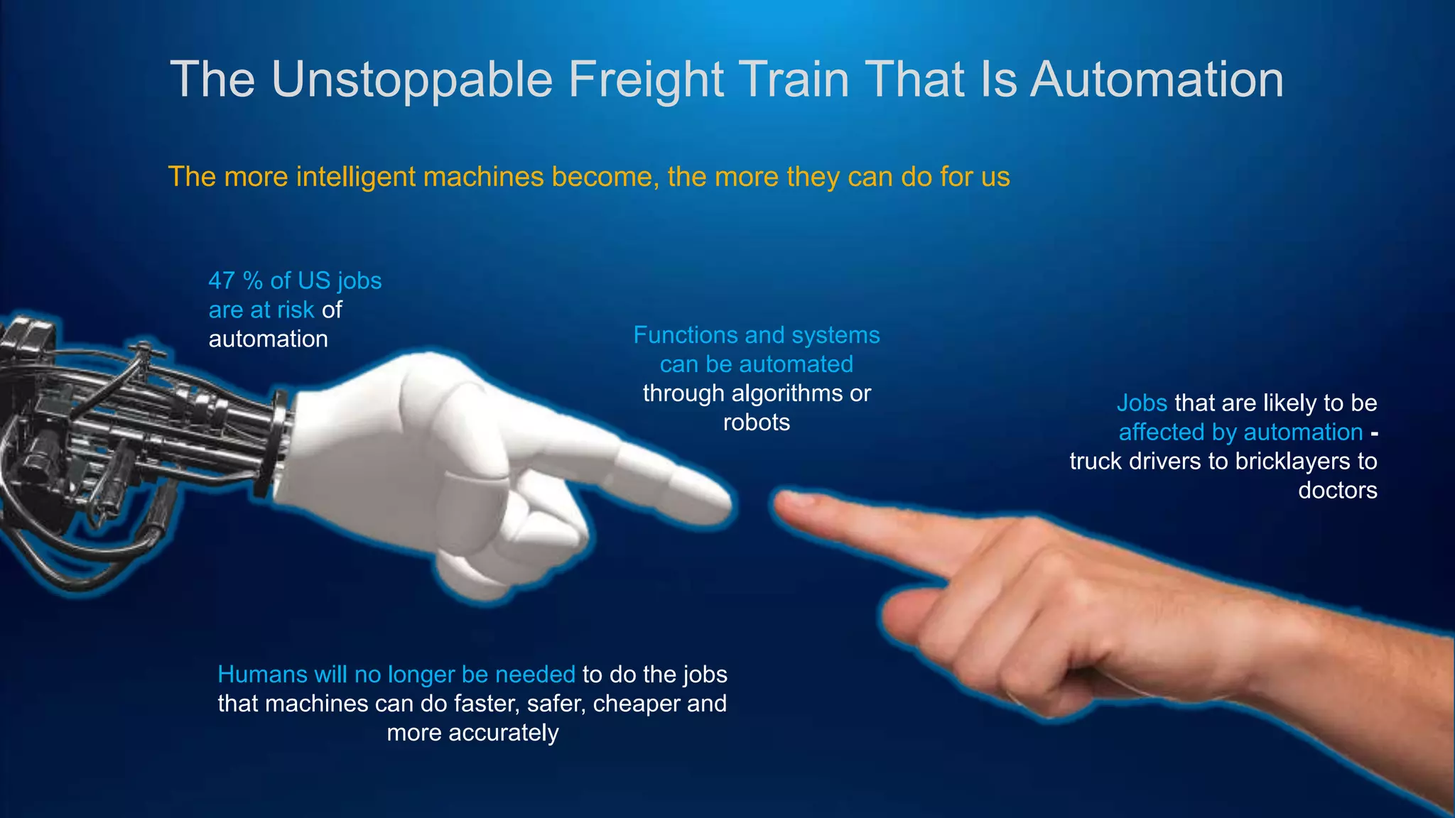 The Unstoppable Freight Train That Is Automation
The more intelligent machines become, the more they can do for us
Jobs that are likely to be
affected by automation -
truck drivers to bricklayers to
doctors
Functions and systems
can be automated
through algorithms or
robots
Humans will no longer be needed to do the jobs
that machines can do faster, safer, cheaper and
more accurately
47 % of US jobs
are at risk of
automation
 