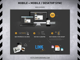 MOBILE + MOBILE / DESKTOP SYNC
HTTP://AIRFORSHARE.COM
WEB SERVER
 