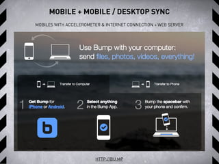 MOBILE + MOBILE / DESKTOP SYNC
HTTP://BU.MP
MOBILES WITH ACCELEROMETER & INTERNET CONNECTION + WEB SERVER
 