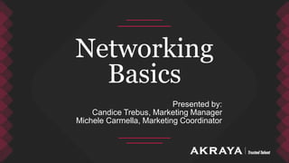 Presented by:
Candice Trebus, Marketing Manager
Michele Carmella, Marketing Coordinator
Networking
Basics
 