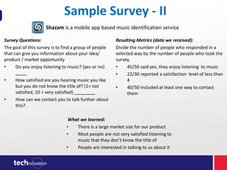 Sample Survey - II
Shazam is a mobile app based music identification service
Survey Questions:
The goal of this survey is to find a group of people
that can give you information about your idea/
product / market opportunity
•
Do you enjoy listening to music? (yes or no)
•

•

How satisfied are you hearing music you like
but you do not know the title of? (1= not
satisfied, 10 = very satisfied)
How can we contact you to talk further about
this?

Resulting Metrics (data we received):
Divide the number of people who responded in a
selected way by the number of people who took the
survey.
•
45/50 said yes, they enjoy listening to music
•
22/30 reported a satisfaction level of less than
4
•
40/50 included at least one way to contact
them

What we learned:
•
There is a large market size for our product
•
Most people are not very satisfied listening to
music that they don’t know the title of
•
People are interested in talking to us about it

 