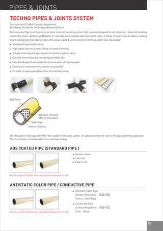 PIPES & JOINTS
02
l Simpleandeasymodification.
l Highsafetyandverysimplefitting,noneedofwelding.
l Simpleassemblyandeasyproductionwithoutspecialskills.
l DurablecleanlinessduetocoatingwithABSresin.
l Easyhandlingoftheassembledstructureduetoitslightweight.
l Continuousimprovementactivitiesarepossible.
l Noneed toequipspecialfacilitiesformanufacturing.
Steel Pipe
ABS Resin
Adhesive (to bond
ABS to steel pipe)
Interior Coating
TECHNO pipe
The inner surface is treated with a non-corrosive coating.
is steel pipe with ABS resin coated on the outer surface. An adhesive bonds the resin to the pipe preventing separation.
Avoid using the Pipes near and around solvents or oils.
TechnovisionPJSWillPromptlyImplement
YourIdeas,GivingYouTheExpectedInstantEffects
Technovision Pipe Joint System is an ideal material handling system that is wisely designed for all industries’ material handling
needs. It is smart, dynamic and flexible. It can make various types of production of racks, trolleys, productions cell tables, viewing
boardsandgravityflowracks.Infact,theusageofpipe&jointssystemislimitless,addinyourideatoday!
TECHNO PIPES & JOINTS SYSTEM
ABS COATED PIPE (STANDARD PIPE )
l Various colors
l Low cost
l Easy to cut
ANTISTATIC COLOR PIPE / CONDUCTIVE PIPE
l Antistatic Color Pipe
Surface Resistance :
Colors : Grey/ Ivory
l Conductive Pipe
Surface Resistance :
Color : BlackAvoid using the Pipes near and around solvents or oils.
 