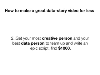 How to make a great data-story video for less




   2. Get your most creative person and your
    best data person to team up and write an
              epic script; ﬁnd $1000.
 