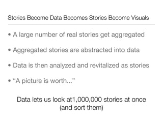 Stories Become Data Becomes Stories Become Visuals

• A large number of real stories get aggregated

• Aggregated stories are abstracted into data

• Data is then analyzed and revitalized as stories

• “A picture is worth...”

   Data lets us look at1,000,000 stories at once
                   (and sort them)
 