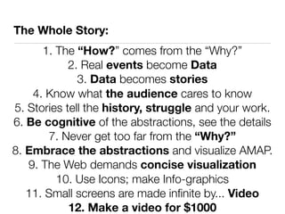 The Whole Story:
      1. The “How?” comes from the “Why?”
            2. Real events become Data
              3. Data becomes stories
    4. Know what the audience cares to know
5. Stories tell the history, struggle and your work.
6. Be cognitive of the abstractions, see the details
       7. Never get too far from the “Why?”
8. Embrace the abstractions and visualize AMAP.
   9. The Web demands concise visualization
         10. Use Icons; make Info-graphics
   11. Small screens are made inﬁnite by... Video
            12. Make a video for $1000
 