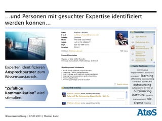 Experten identifizieren  Ansprechpartner  zum Wissensaustausch. “ Zufällige   Kommunikation”  wird stimuliert … und Personen mit gesuchter Expertise identifiziert werden können… 