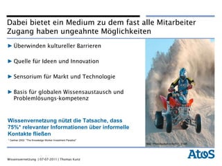 Überwinden kultureller Barrieren Quelle für Ideen und Innovation Sensorium für Markt und Technologie Basis für globalen Wissensaustausch und Problemlösungs-kompetenz Bild: Photobucket ricky101_0145  Wissenvernetzung nützt die Tatsache, dass 75%* relevanter Informationen über informelle Kontakte fließen * Gartner 2002: "The Knowledge Worker Investment Paradox"  Dabei bietet ein Medium zu dem fast alle Mitarbeiter Zugang haben ungeahnte Möglichkeiten 