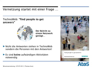 TechnoWeb:  “find people to get answers”  Der Beitritt zu einem Netzwerk genügt…  Nicht die Antworten stehen in TechnoWeb sondern die Personen mit den Antworten! Es sind  keine  aufwändigen Aktivitäten notwendig Vernetzung startet mit einer Frage … 