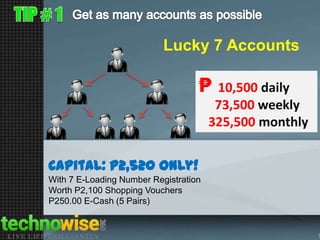 Lucky 7 Accounts

₱

10,500 daily
73,500 weekly
325,500 monthly

Capital: P2,520 only!
With 7 E-Loading Number Registration
Worth P2,100 Shopping Vouchers
P250.00 E-Cash (5 Pairs)

 