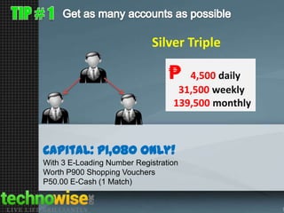 Silver Triple

₱

4,500 daily
31,500 weekly
139,500 monthly

Capital: P1,080 only!
With 3 E-Loading Number Registration
Worth P900 Shopping Vouchers
P50.00 E-Cash (1 Match)

 