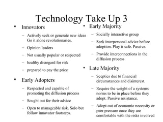Technology Take Up 3 Innovators Actively seek or generate new ideas Go it alone revolutionaries. Opinion leaders Not usually popular or respected healthy disregard for risk  prepared to pay the price Early Adopters Respected and capable of promoting the diffusion process Sought out for their advice Open to manageable risk. Solo but follow innovator footsteps.  Early Majority Socially interactive group Seek interpersonal advice before adoption. Play it safe. Passive. Provide interconnections in the diffusion process Late Majority Sceptics due to financial circumstances and disinterest. Require the weight of a systems norms to be in place before they adopt. Passive resistance. Adopt out of economic necessity or peer pressure once they are comfortable with the risks involved 