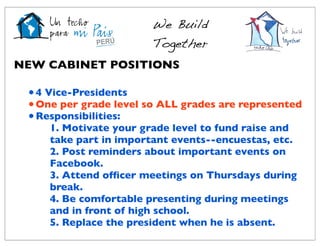 We Build
                        Together
NEW CABINET POSITIONS

 • 4 Vice-Presidents
 • One per grade level so ALL grades are represented
 • Responsibilities:
     1. Motivate your grade level to fund raise and
     take part in important events--encuestas, etc.
     2. Post reminders about important events on
     Facebook.
     3. Attend ofﬁcer meetings on Thursdays during
     break.
     4. Be comfortable presenting during meetings
     and in front of high school.
     5. Replace the president when he is absent.
 