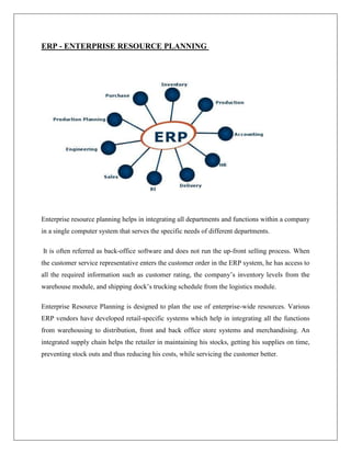 ERP - ENTERPRISE RESOURCE PLANNING

Enterprise resource planning helps in integrating all departments and functions within...