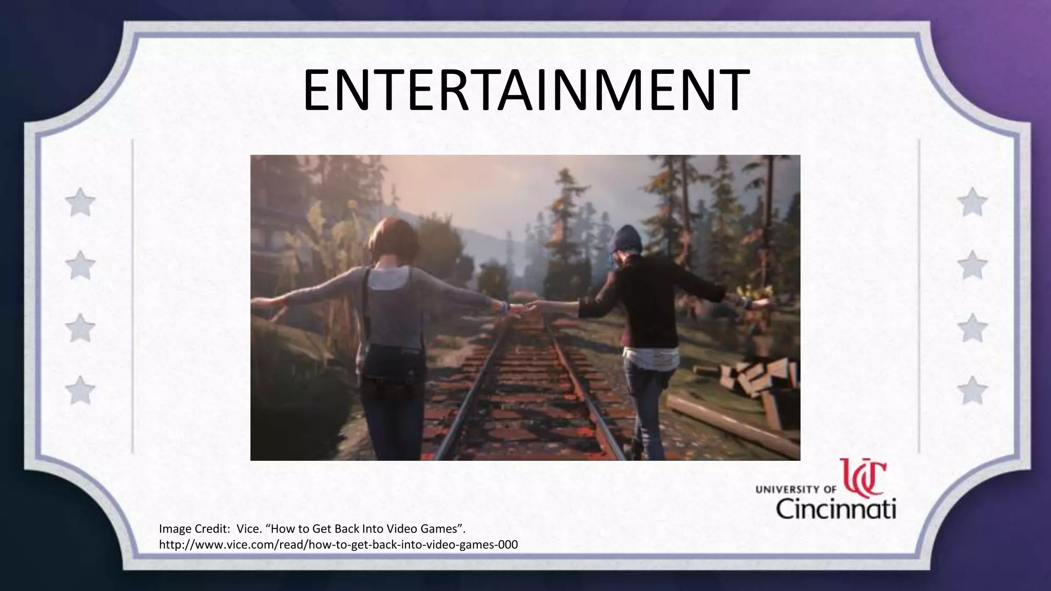 ENTERTAINMENT
Image Credit: Vice. “How to Get Back Into Video Games”.
http://www.vice.com/read/how-to-get-back-into-video-games-000
 