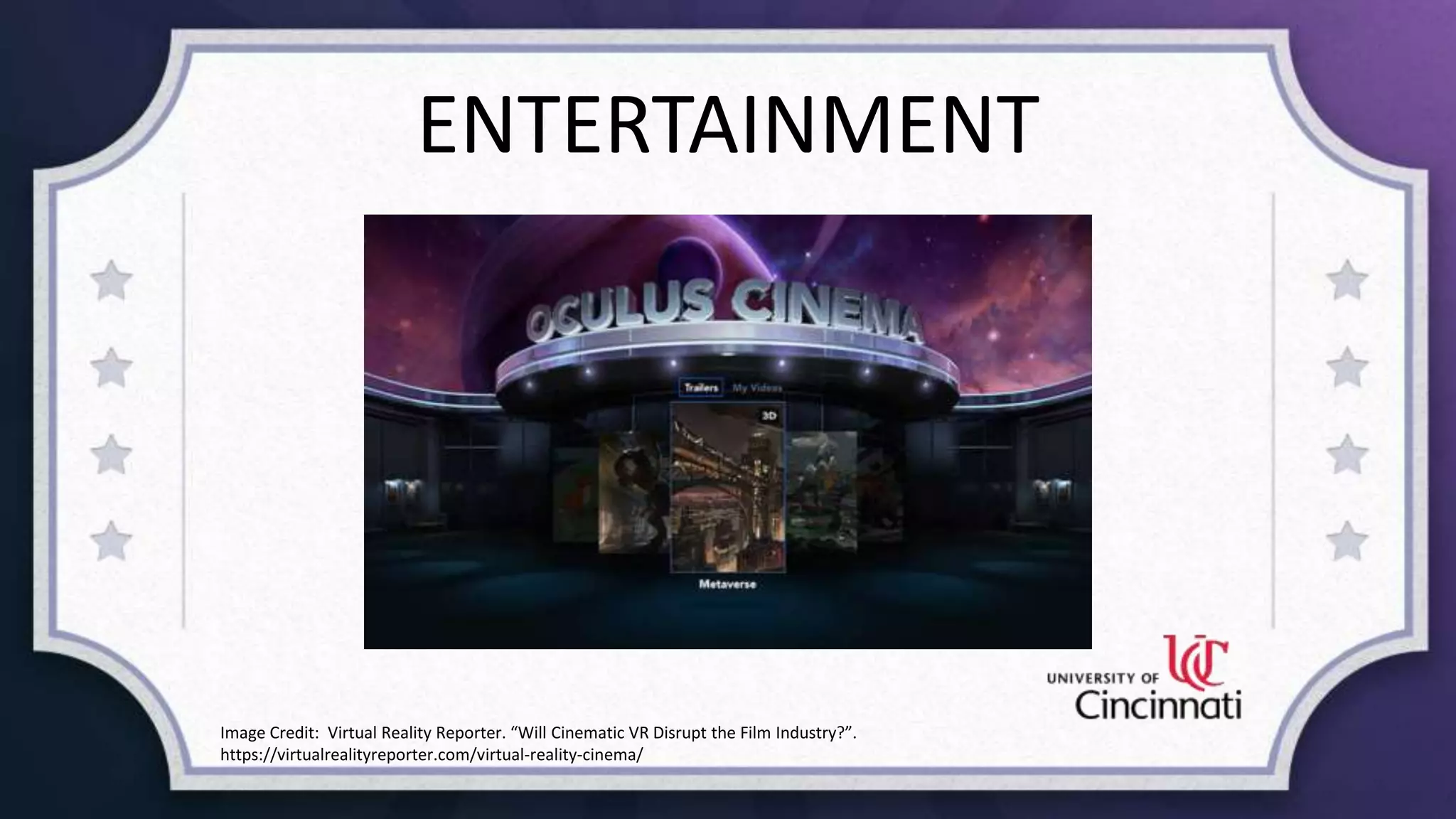 ENTERTAINMENT
Image Credit: Virtual Reality Reporter. “Will Cinematic VR Disrupt the Film Industry?”.
https://virtualrealityreporter.com/virtual-reality-cinema/
 