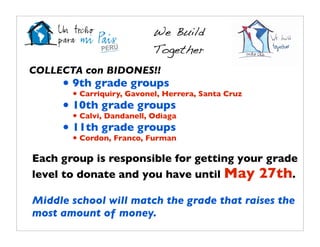 We Build
                           Together
COLLECTA con BIDONES!!
     • 9th grade groups
       • Carriquiry, Gavonel, Herrera, Santa Cruz
     • 10th grade groups
       • Calvi, Dandanell, Odiaga
     • 11th grade groups
       • Cordon, Franco, Furman

Each group is responsible for getting your grade
level to donate and you have until May 27th.

Middle school will match the grade that raises the
most amount of money.
 