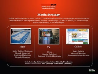 TECHCOMBANK
INHERIT THE TRADITION,
INCREASE PROSPERITY

Media Strategy
- Utilize media channels in Print, Online, TV to effectively publicize the campaign & communication.
- Ensure relevant media presence and support for campaign (as well as events) as a means to reintroduce the brand to our key targets.

Print
Major Dailies (Business,
News & Lifestyle)
Business Magazines
News Publications

Online

TV
News
Special Talkshow
Business Oriented Programs

News Website
General Websites
Business Oriented Forums

Media Tactics: Special Features, Advertorials, Editorials, News Feature
Media of Communication: Print (primary), TV and Online (secondary)

Write-On the Prosperity

 
