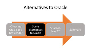 Alternatives to Oracle
Choosing
Oracle as a
JDK Vendor
Some
alternatives
to Oracle
Stuck on
Java 8?
Summary
 