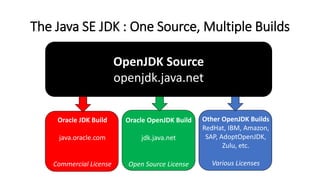 Oracle JDK Build
java.oracle.com
Commercial License
Other OpenJDK Builds
RedHat, IBM, Amazon,
SAP, AdoptOpenJDK,
Zulu, etc.
Various Licenses
Oracle OpenJDK Build
jdk.java.net
Open Source License
OpenJDK Source
openjdk.java.net
The Java SE JDK : One Source, Multiple Builds
 