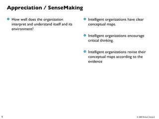 Appreciation / SenseMaking <ul><li>How well does the organization interpret and understand itself and its environment? </l...
