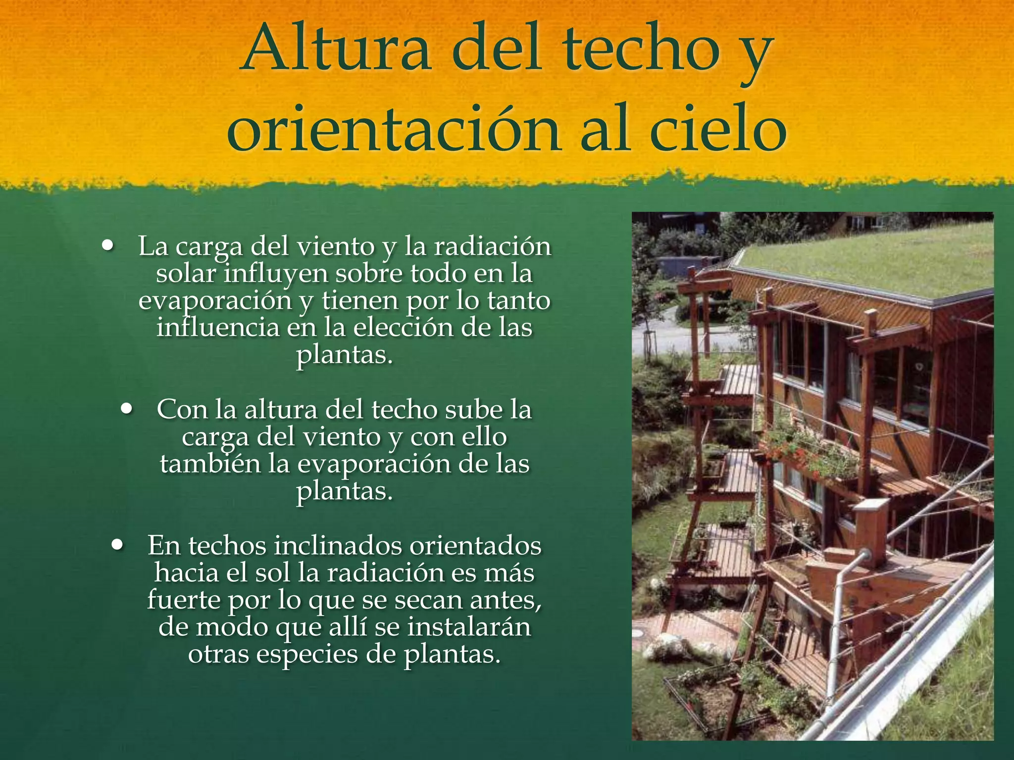 Altura del techo y
orientación al cielo
 La carga del viento y la radiación
solar influyen sobre todo en la
evaporación y tienen por lo tanto
influencia en la elección de las
plantas.
 Con la altura del techo sube la
carga del viento y con ello
también la evaporación de las
plantas.
 En techos inclinados orientados
hacia el sol la radiación es más
fuerte por lo que se secan antes,
de modo que allí se instalarán
otras especies de plantas.
 