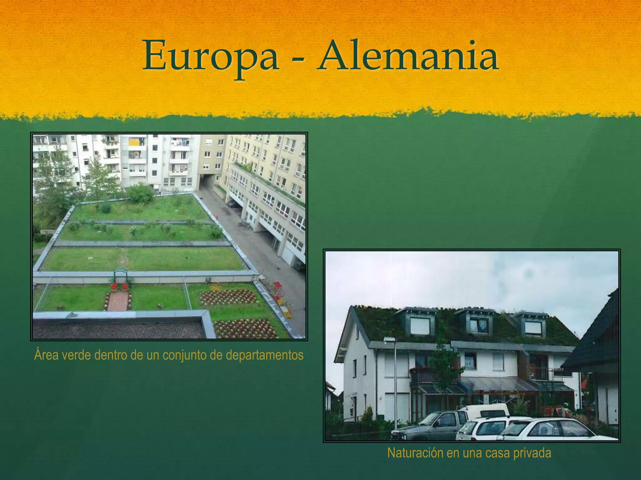 Europa - Alemania
Área verde dentro de un conjunto de departamentos
Naturación en una casa privada
 