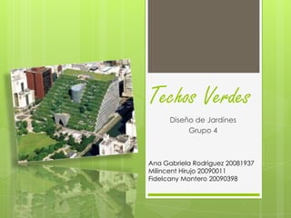 Techos Verdes
      Diseño de Jardines
           Grupo 4



Ana Gabriela Rodriguez 20081937
Milincent Hirujo 20090011
Fidelcany Montero 20090398
 