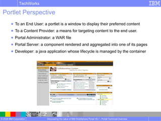 © 2008 IBM Corporation
TechWorks
Discovering the value of IBM WebSphere Portal V6.1 - Portal Technical Overview
Portlet Perspective
● To an End User: a portlet is a window to display their preferred content
● To a Content Provider: a means for targeting content to the end user.
● Portal Administrator: a WAR file
● Portal Server: a component rendered and aggregated into one of its pages
● Developer: a java application whose lifecycle is managed by the container
 