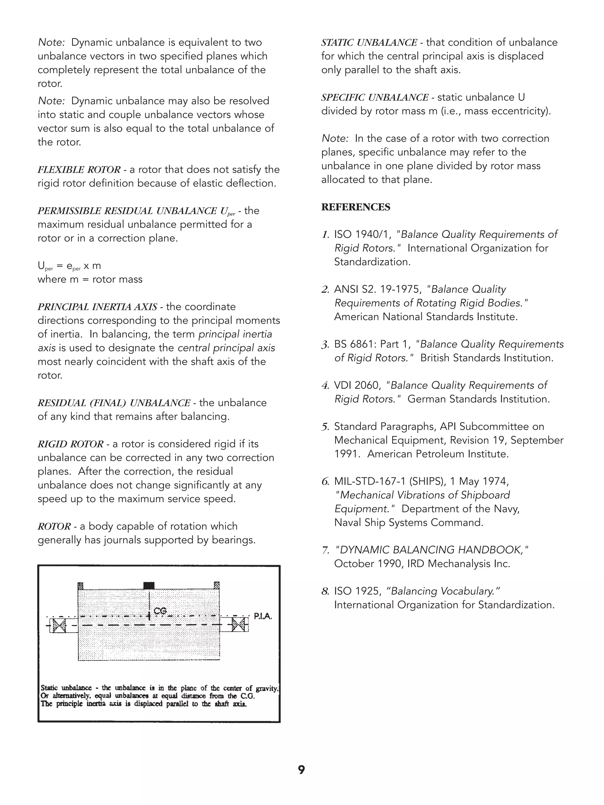 Note: Dynamic unbalance is equivalent to two 
unbalance vectors in two specified planes which 
completely represent the total unbalance of the 
rotor. 
Note: Dynamic unbalance may also be resolved 
into static and couple unbalance vectors whose 
vector sum is also equal to the total unbalance of 
the rotor. 
FLEXIBLE ROTOR - a rotor that does not satisfy the 
rigid rotor definition because of elastic deflection. 
PERMISSIBLE RESIDUAL UNBALANCE Uper - the 
maximum residual unbalance permitted for a 
rotor or in a correction plane. 
Uper = eper x m 
where m = rotor mass 
PRINCIPAL INERTIA AXIS - the coordinate 
directions corresponding to the principal moments 
of inertia. In balancing, the term principal inertia 
axis is used to designate the central principal axis 
most nearly coincident with the shaft axis of the 
rotor. 
RESIDUAL (FINAL) UNBALANCE - the unbalance 
of any kind that remains after balancing. 
RIGID ROTOR - a rotor is considered rigid if its 
unbalance can be corrected in any two correction 
planes. After the correction, the residual 
unbalance does not change significantly at any 
speed up to the maximum service speed. 
ROTOR - a body capable of rotation which 
generally has journals supported by bearings. 
STATIC UNBALANCE - that condition of unbalance 
for which the central principal axis is displaced 
only parallel to the shaft axis. 
SPECIFIC UNBALANCE - static unbalance U 
divided by rotor mass m (i.e., mass eccentricity). 
Note: In the case of a rotor with two correction 
planes, specific unbalance may refer to the 
unbalance in one plane divided by rotor mass 
allocated to that plane. 
REFERENCES 
1. ISO 1940/1, "Balance Quality Requirements of 
Rigid Rotors." International Organization for 
Standardization. 
2. ANSI S2. 19-1975, "Balance Quality 
Requirements of Rotating Rigid Bodies." 
American National Standards Institute. 
3. BS 6861: Part 1, "Balance Quality Requirements 
of Rigid Rotors." British Standards Institution. 
4. VDI 2060, "Balance Quality Requirements of 
Rigid Rotors." German Standards Institution. 
5. Standard Paragraphs, API Subcommittee on 
Mechanical Equipment, Revision 19, September 
1991. American Petroleum Institute. 
6. MIL-STD-167-1 (SHIPS), 1 May 1974, 
"Mechanical Vibrations of Shipboard 
Equipment." Department of the Navy, 
Naval Ship Systems Command. 
7. "DYNAMIC BALANCING HANDBOOK," 
October 1990, IRD Mechanalysis Inc. 
8. ISO 1925, “Balancing Vocabulary.” 
International Organization for Standardization. 
9 
 