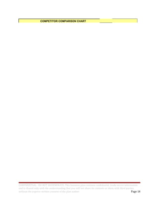 COMPETITOR COMPARISON CHART
CONFIDENTIAL - DO NOT DISSEMINATE. This business plan contains confidential, trade-secret information
and is shared only with the understanding that you will not share its contents or ideas with third parties
without the express written consent of the plan author. Page 14
 