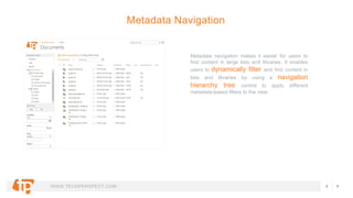 WWW.TECHPERSPECT.COM
Metadata navigation makes it easier for users to
find content in large lists and libraries. It enable...