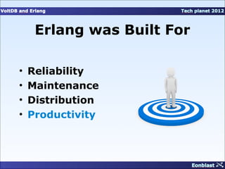 Erlang was Built For

•   Reliability
•   Maintenance
•   Distribution
•   Productivity
 