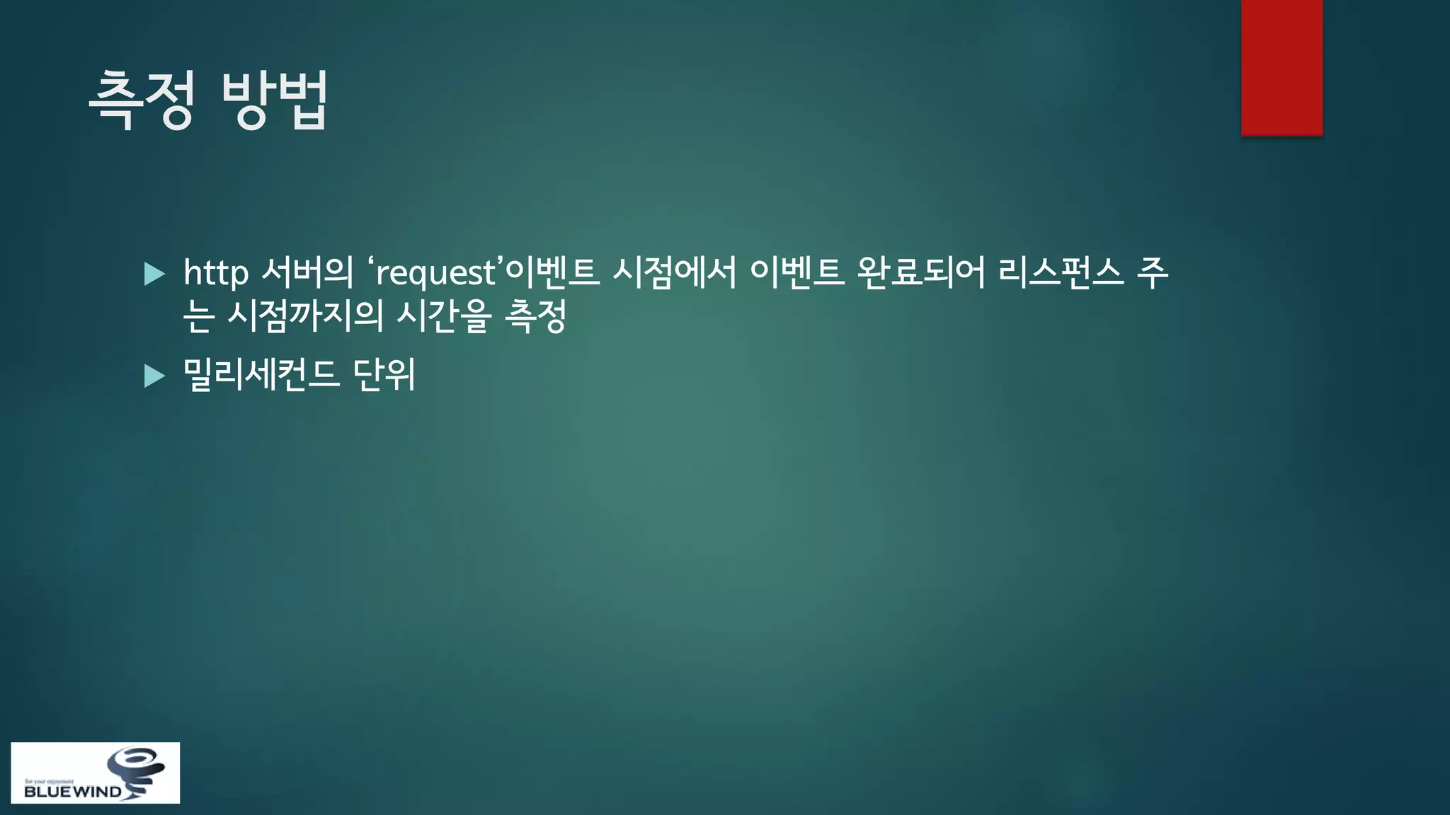 측정 방법


http 서버의 ‘request’이벤트 시점에서 이벤트 완료되어 리스펀스 주
는 시점까지의 시간을 측정



밀리세컨드 단위

 