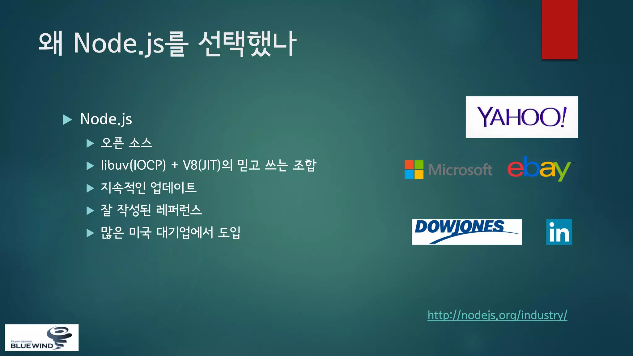 왜 Node.js를 선택했나


Node.js


오픈 소스



libuv(IOCP) + V8(JIT)의 믿고 쓰는 조합



지속적인 업데이트



잘 작성된 레퍼런스



많은 미국 대기업에서 도입

http://nodejs.org/industry/

 