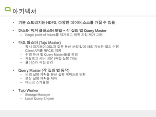 아키텍쳐
•

기본 스토리지는 HDFS, 다양한 데이터 소스를 가질 수 있음

•

마스터 워커 클러스터 모델 + 각 질의 별 Query Master

•

타조 마스터 (Tajo Master)

– Single point of failure를 제거하고 병목 지점 제거 고려

–
–
–
–
–

항시 대기하며 DDL과 같은 분산 처리 없이 처리 가능한 질의 수행
Client API를 RPC로 제공
쿼리 파서 및 Query Master들을 관리
카탈로그 서버 내장 (독립 실행 가능)
클러스터 자원 관리

•

Query Master (각 질의 별 동작)

•

Tajo Worker

– 논리 실행 계획을 분산 실행 계획으로 변환
– 분산 실행 계획을 제어
– 테스크 스케쥴링
– Storage Manager
– Local Query Engine

 