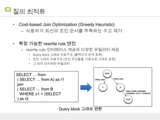 질의 최적화
• Cost-based Join Optimization (Greedy Heuristic)
– 사용자가 최선의 조인 순서를 추측하는 수고 제거
• 확장 가능한 rewrite rule 엔진
– rewrite rule 인터페이스 제공과 다양한 유틸리티 제공
• Query block 그래프 자료구조 (블럭간의 관계 표현)
• 조인 그래프 자료구조 (조인 조건들을 기준으로 그래프 표현)
• 그 외의 대수관련 유틸리티

SELECT … from
( SELECT … from A) as r1
join
( SELECT … from B
WHERE c1 > (SELECT
) as r2
Query block 그래프 변환

 